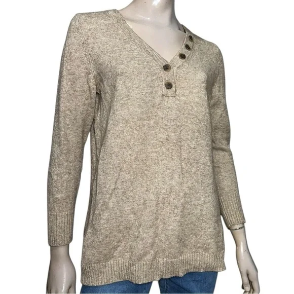 Anthropologie Women’s Size S Tan Button Henley V-Neck Viscose Blend Knit Sweater - Picture 3 of 11